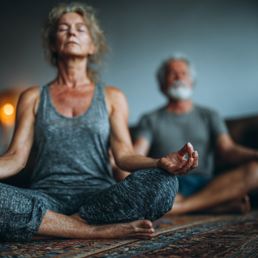 Adultos mayores practicando yoga en un ambiente sereno