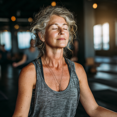 Grupo diverso de adultos mayores celebrando después de clase de yoga